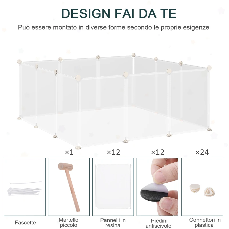 PawHut Recinto per Cuccioli e Piccoli Animali Modulabile in Metallo e PP, 12 Pannelli da 35x45cm Bianco