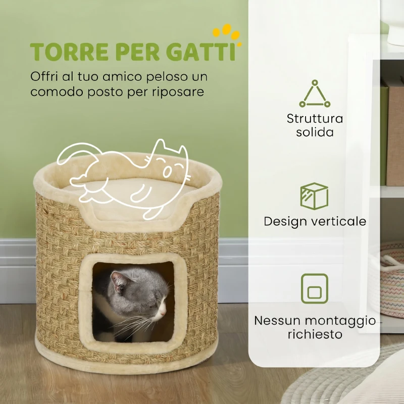 PawHut Albero Tiragraffi per Gatti Alto 37 cm a 2 Livelli con Nicchia e Corda in Sisal, Fino a 5 kg, Cachi