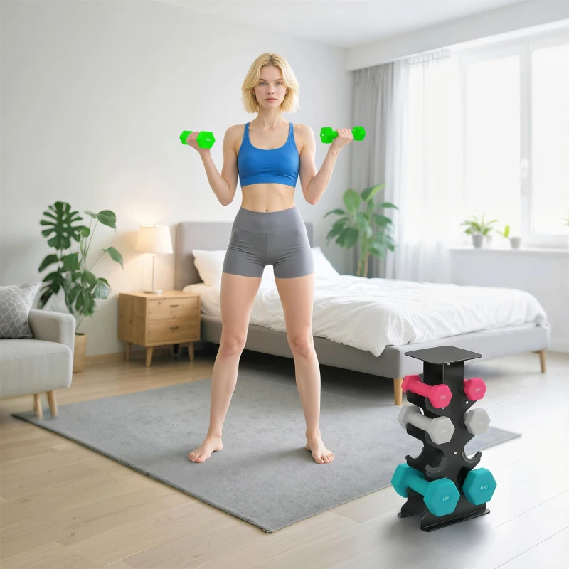 SPORTNOW Conjunto de Halteres 2x1kg 2x2kg 2x3kg 2x4kg com Suporte de Arrumação para Exercício e Treino Multicolor