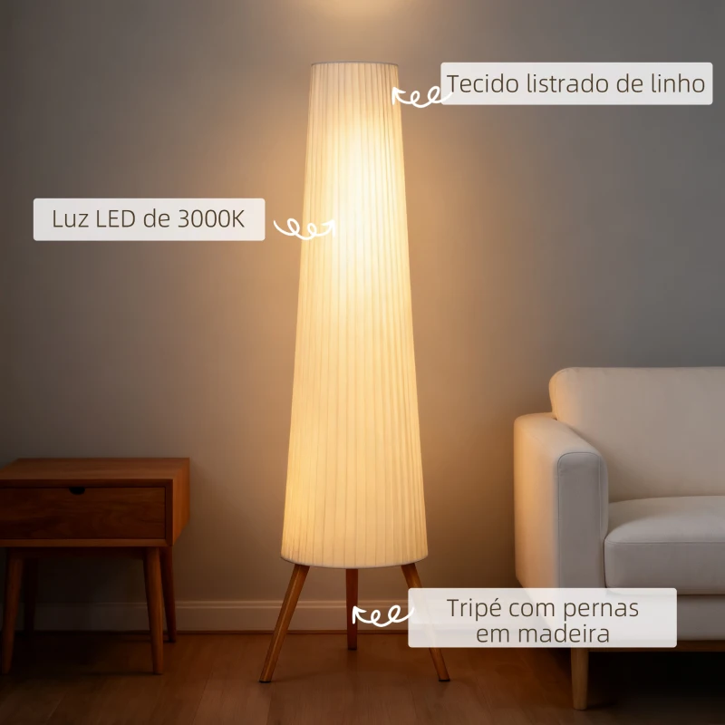 HOMCOM Candeeiro de Pé com Tripé Brilho Ajustável 3 Níveis Interruptor de Pé Pernas de Madeira e Ecrã de Tecido 46x46x153 cm Branco