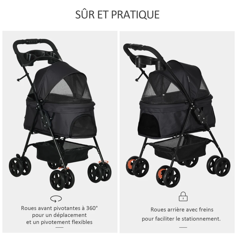 PawHut Poussette Buggy Pliable Chien Chat Panier Rangement Porte-Gobelets Tissu 300D Oxford Imperméable 4 Roues Noir