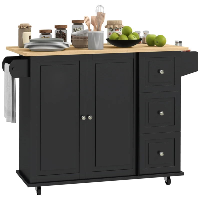 HOMCOM Kitchen Island with Drop Leaf, Rolling Kitchen Storage Trolley on Wheels with 3 Drawers, Black