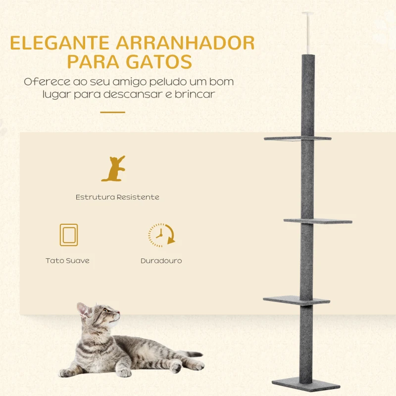 PawHut Arranhador para Gatos do Chão ao Teto com Altura Ajustável, 4 Plataformas e Poste 43x27x228-260 cm Cinzento