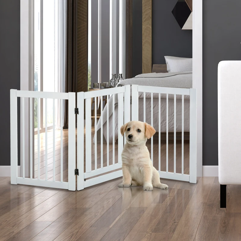 PawHut Absperrgitter Hund Freistehendes Verstellbares Schutzgitter mit Füßen 155 x 76 cm Holz Hundegitter Klappbar Treppenschutzgitter für Treppen, Türen, Küche, Flur, 3 Paneelen, Weiß