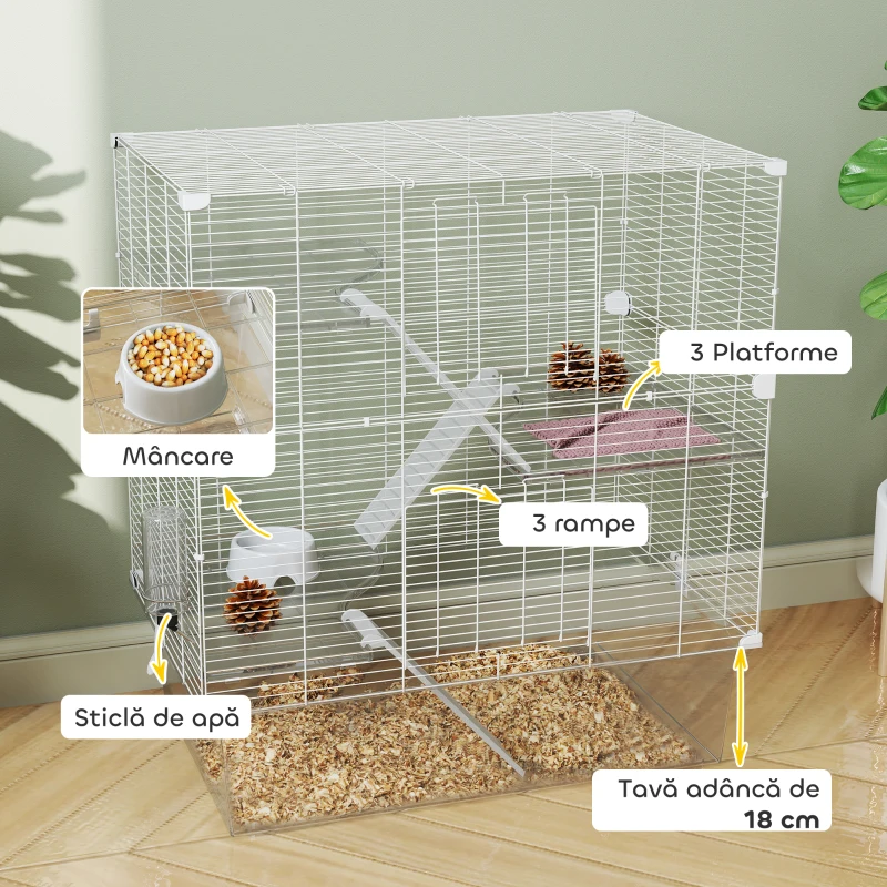 PawHut Cușcă pentru rozătoare pe mai multe niveluri cu accesorii incluse, din oțel, PET și PS, 73x47x80 cm, alb