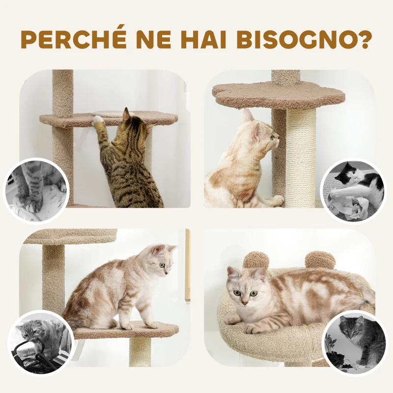 PawHut Albero Tiragraffi per Gatti con Lettino, Casetta e Piattaforme, in Legno e Cashmere, 48x40x133 cm, Marrone