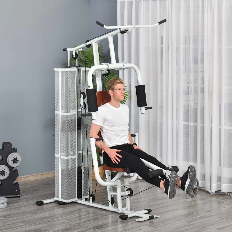 HOMCOM Station de musculation entrainement complet développé couché butterfly barre latissimus curler bande résistance 10 contrepoids 45 kg avec filet de protection acier blanc et marron