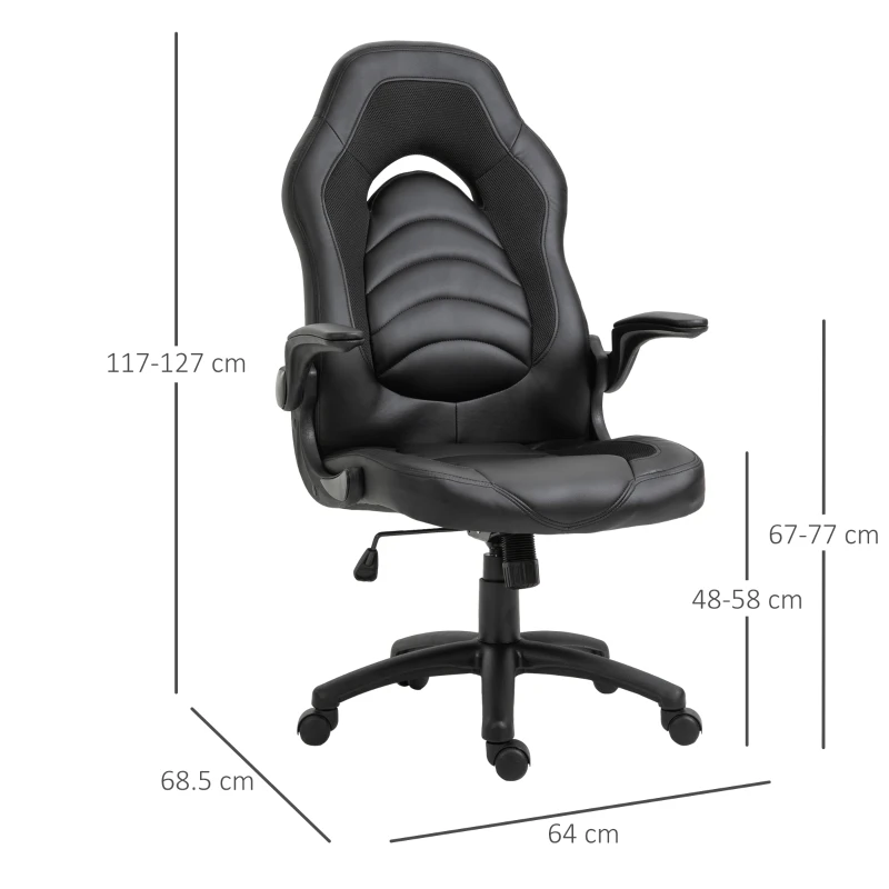 Vinsetto Poltrona Gaming o da Ufficio in Similpelle Nera, Braccioli Pieghevoli Schienale e Altezza Regolabile 117-127Acm
