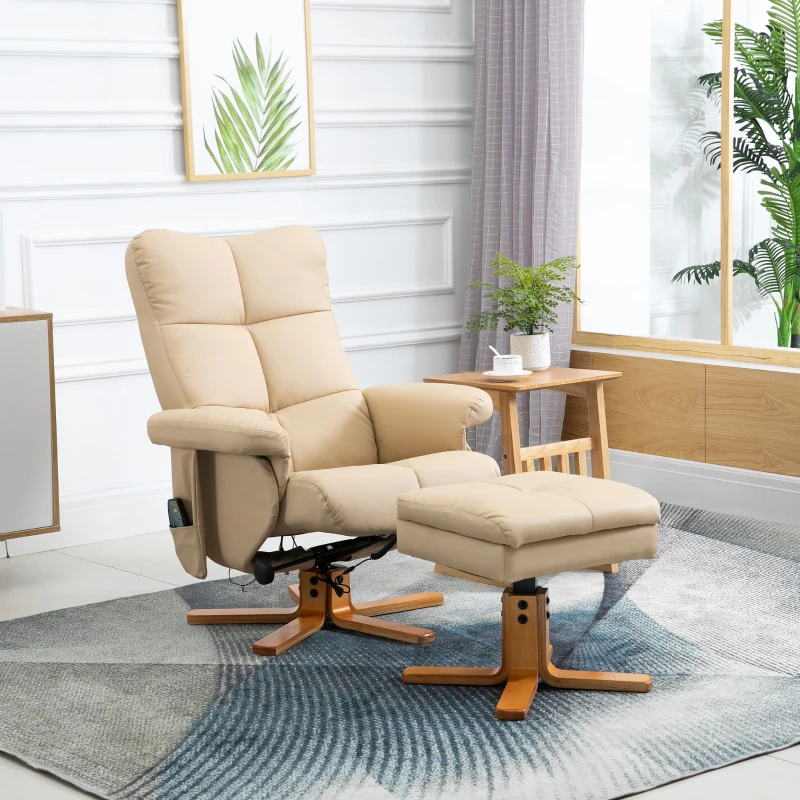 HOMCOM Sillón Relax Reclinable con Reposapiés 10 Puntos de Masaje Giratorio Mando a Distancia Bolsillo Lateral Crema