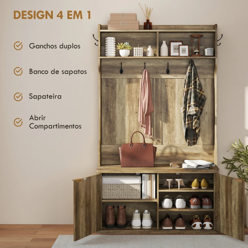 HOMCOM Móvel Cabide de Entrada com Sapateira Prateleiras Abertas e 6 Ganchos Estilo Moderno 100x38x172 cm Carvalho