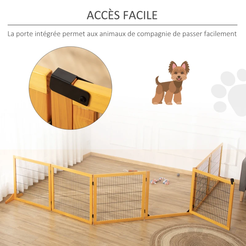 PawHut Lot de 2 barrières de sécurité chien barrière modulable pliable 6 panneaux 2 pieds support bois de pin jaune