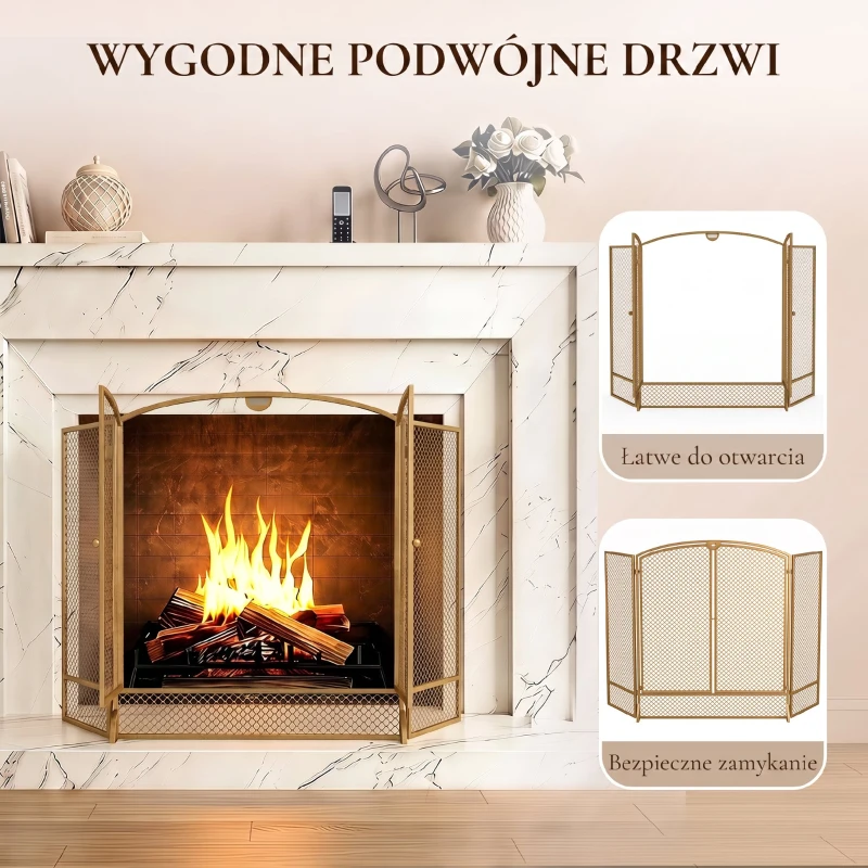 HOMCOM Salvachispas para Chimenea Plegable de 3 Paneles de Metal con Doble Puerta para Hogar 122x75 cm Dorado