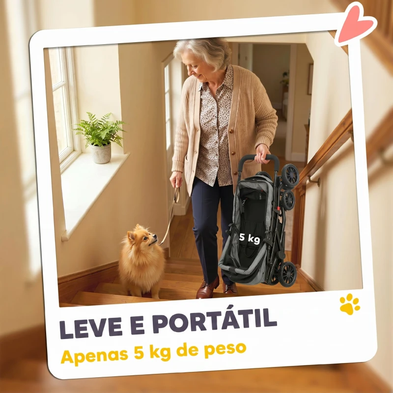 PawHut Carrinho para Cães Dobrável de 4 Rodas EVA Giratório com Travão Janelas de Rede Almofada Lavável Porta-Copos Cinzento