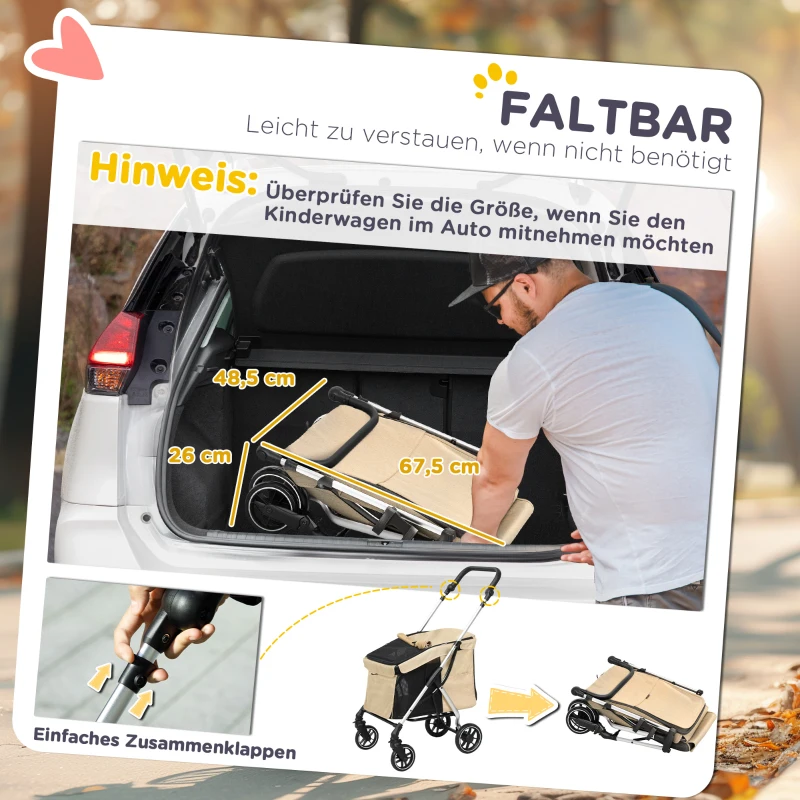 PawHut Hondenwagen, lichte en opvouwbare transportwagen voor kleine honden, wasbaar kussen, gaasvensters, Khaki(m-6)