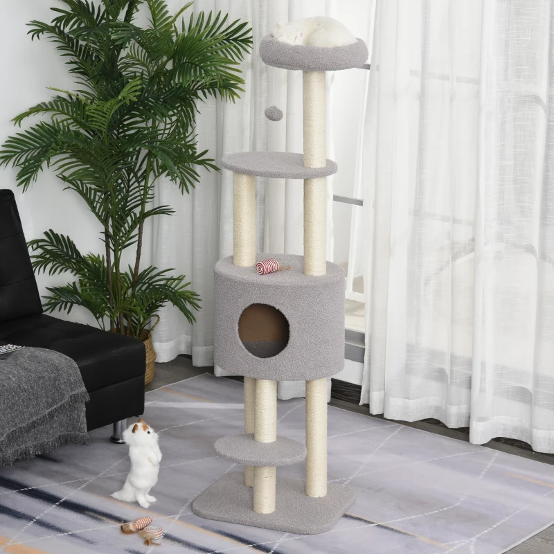 PawHut Albero Tiragraffi Robusto per Gatti con 5 Livelli, Cuccia, Casetta, Giochi e Corda Sisal, Grigio e Beige Max 30kg