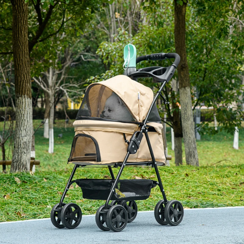 PawHut Hundewagen Hundebuggy, klappbar, 2 Sicherheitsleinen, 2 Becherhalter,  67 x 45 x 96 cm, Khaki(m-10)