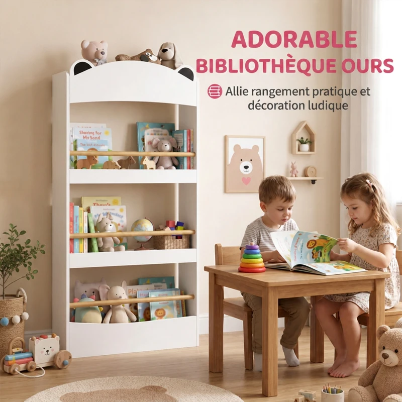 AIYAPLAY Bibliothèque Murale Enfant à 4 Niveaux, Étagère à Livre 3-8 Ans, Meuble de Rangement pour Salle de Jeux, Salon, Blanc