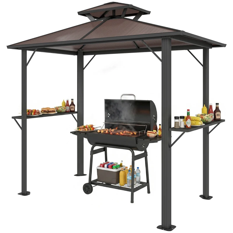 Outsunny Grillpavillon 2,5 x 1,5 m, Wasserdicht Grillüberdachung mit Doppeldach aus Polycarbonat Seitenablage Braun