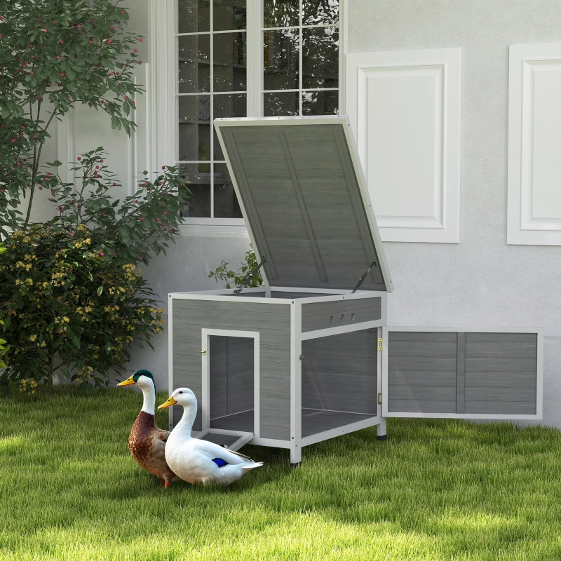 PawHut Wooden Duck House with Ramp, Double Doors, Openable Asphalt Roof, Ventilation Holes, Removable Base, Light Grey