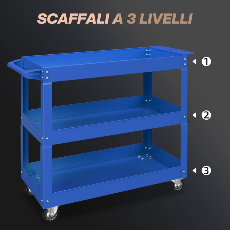 DURHAND Carrello Porta Attrezzi a 3 Livelli in Acciaio con Bordi Alti e 4 Ruote Girevoli, 83x35.3x76 cm, Blu