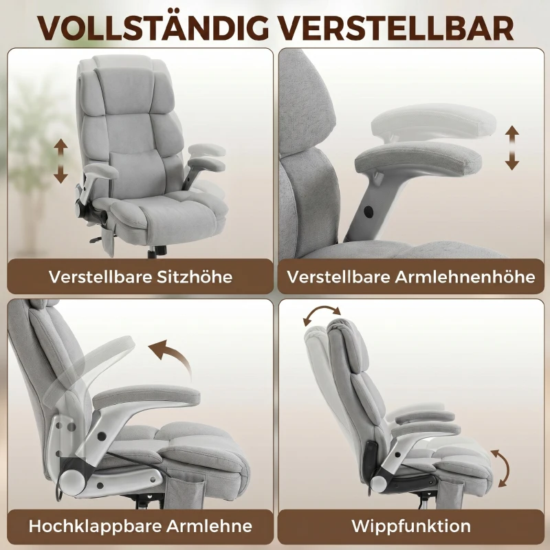 HOMCOM Bürostuhl mit Airbag-Lendenstütze, Schreibtischstuhl mit hochklappbaren Armlehnen, Taschenfedern, Hellgrau