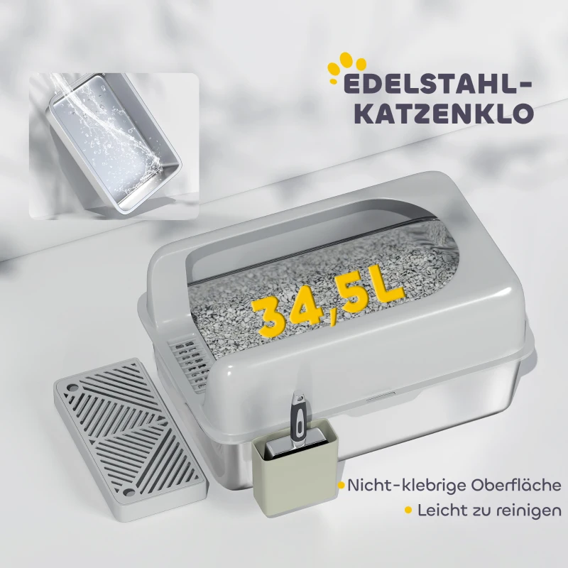 PawHut Kattentoilet, Roestvrijstaal, Hoge Randen, Opbergbox, Lichtgrijs