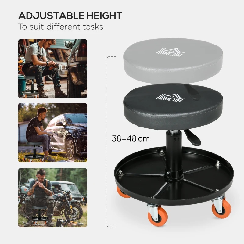 HOMCOM Rolling Mechanical Stool, Pneumatic Adjustable Workshop Stool with Tool Tray, Wheels - Black