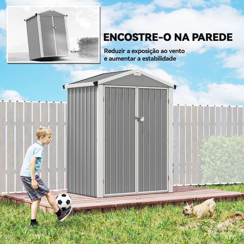 Outsunny Abrigo de Jardim Exterior 1,1 m² 133x87x178 cm com 2 Portas Duplas de Abrir Telhado de Duas Águas e Luvas Cinzento Prateado