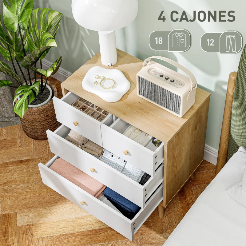 HOMCOM Cómoda de 4 Cajones con Acabado Elegante y Gran Capacidad de Almacenaje 60x35x65 cm Roble y Blanco