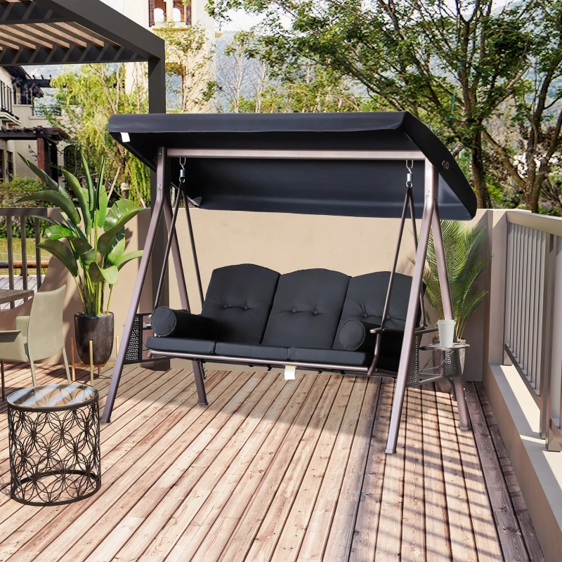 Outsunny Banco Baloiço de Jardim de 3 Lugares com Teto 2 Almofadas Suporte para Bebidas 207x120,5x174 cm Preto