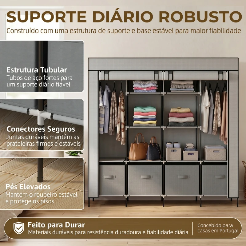 HOMCOM Roupeiro de Tecido com 10 Compartimentos 2 Trilhos Suspensos e 4 Gavetas de Tecido 166x42,5x169,5 cm Cinza Escuro