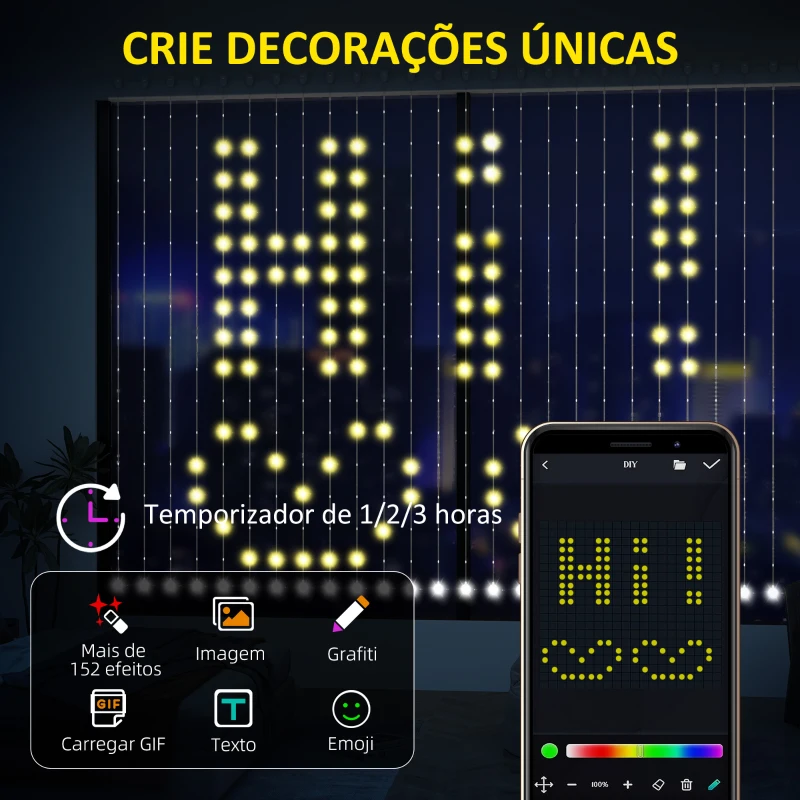 HOMCOM Cortina de Luzes 3x3 m Cortina de Luzes LED Inteligente com 400 Luzes LED RGBIC Sincronização com Música