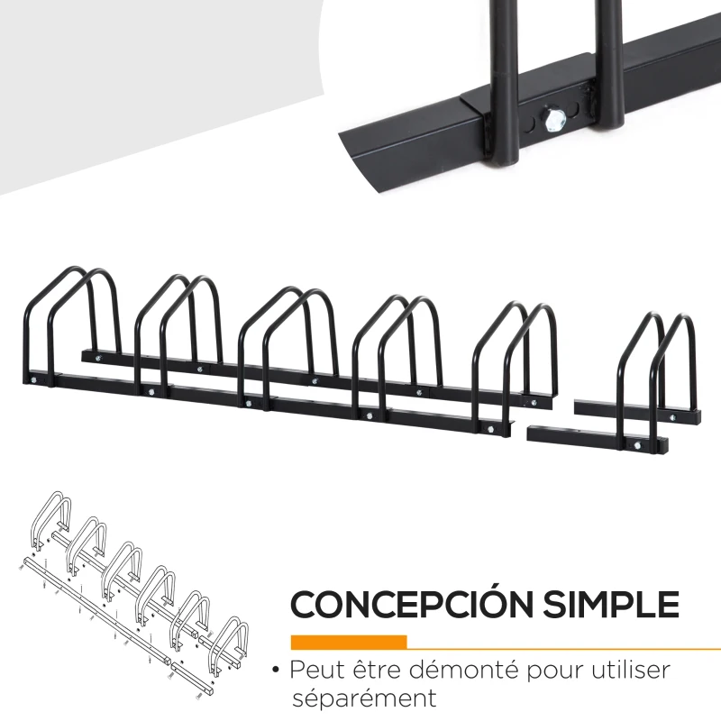 HOMCOM Râtelier 6 vélos range-vélos support de rangement pneu 65 mm sol ou mural pour VTT enfants BMX 179 x 33 x 27 cm acier noir