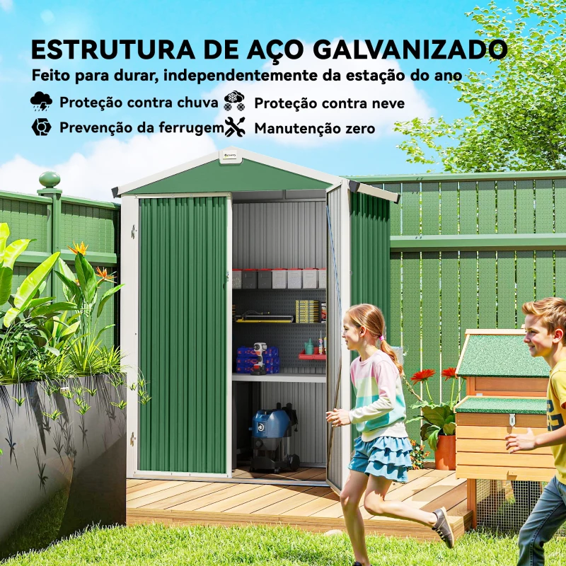 Outsunny Abrigo de Jardim Exterior 1,1 m² 133x87x178 cm com 2 Portas de Abrir, Telhado de Duas Águas e Luvas Verde