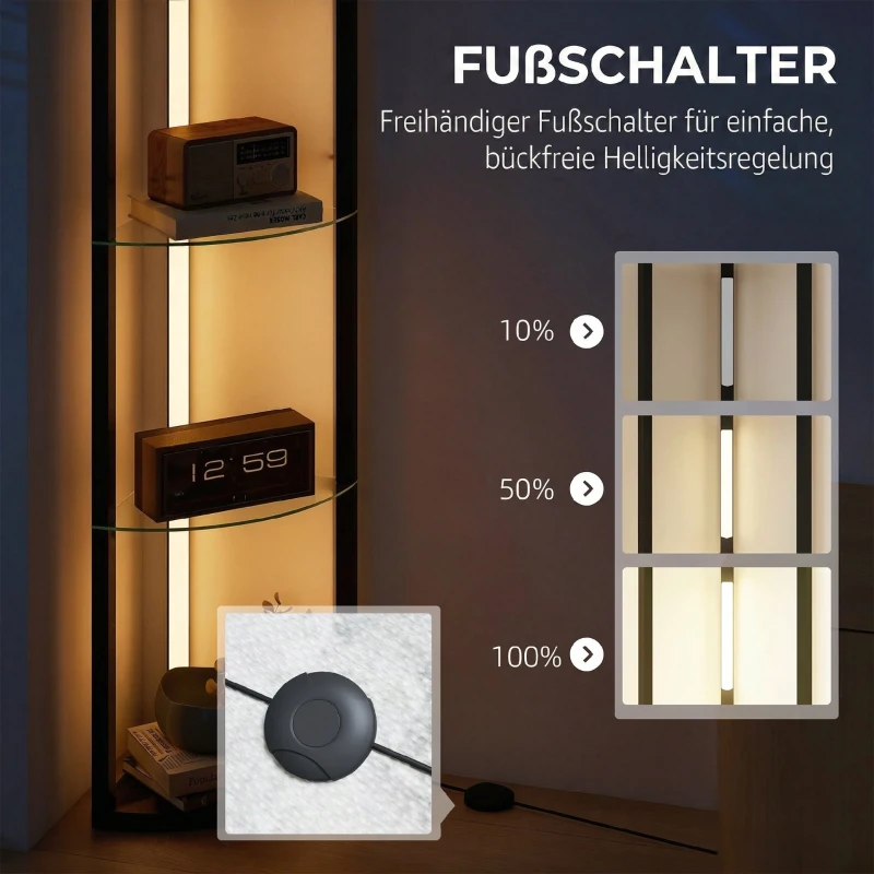 HOMCOM LED Stehlampe mit Glasregal Stehleuchte mit 3 Helligkeitsstufen Fußschalter für Wohnzimmer Schlafzimmer Schwarz