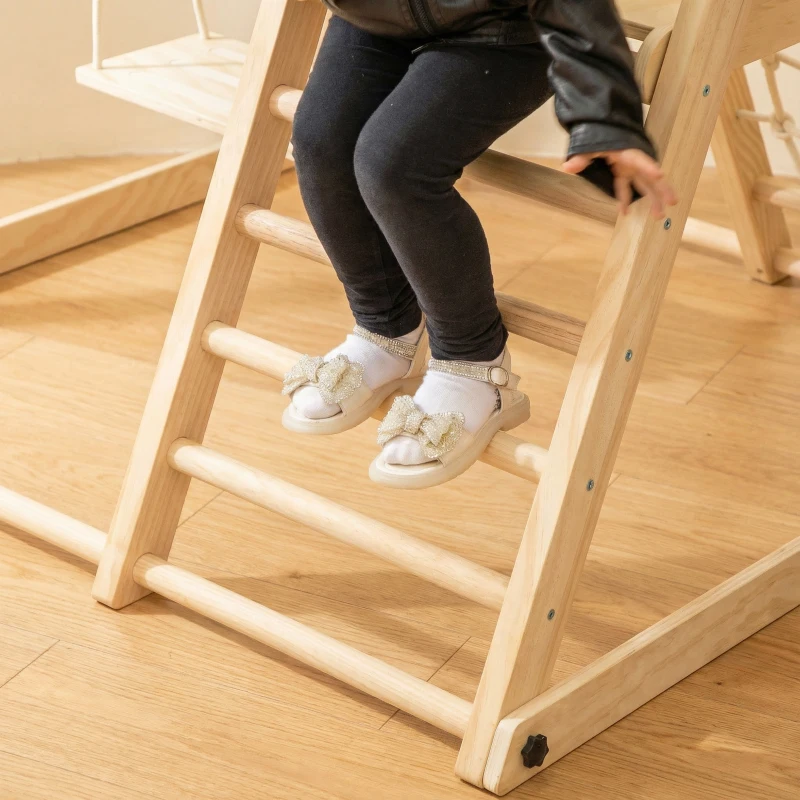 AIYAPLAY Escorrega Infantil 5 em 1 Estrutura de Escalada de Madeira com Escorrega Baloiço Cesto de Basquetebol 140x172,5x116,5 cm Madeira