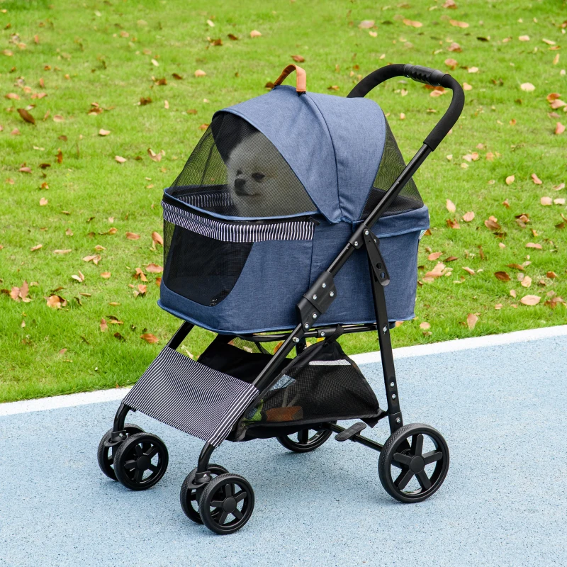 PawHut 2-in-1 Hundebuggy, abnehmbare Transporttasche, klappbarer Metallrahmen, 77,5 x 51 x 99,5 cm, Dunkelblau+Schwarz