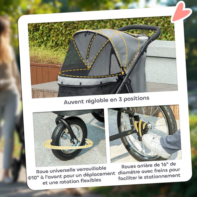 PawHut Poussette pour chien pliable avec panier de rangement, coussin lavable, roues en caoutchouc et auvent réglable, gris