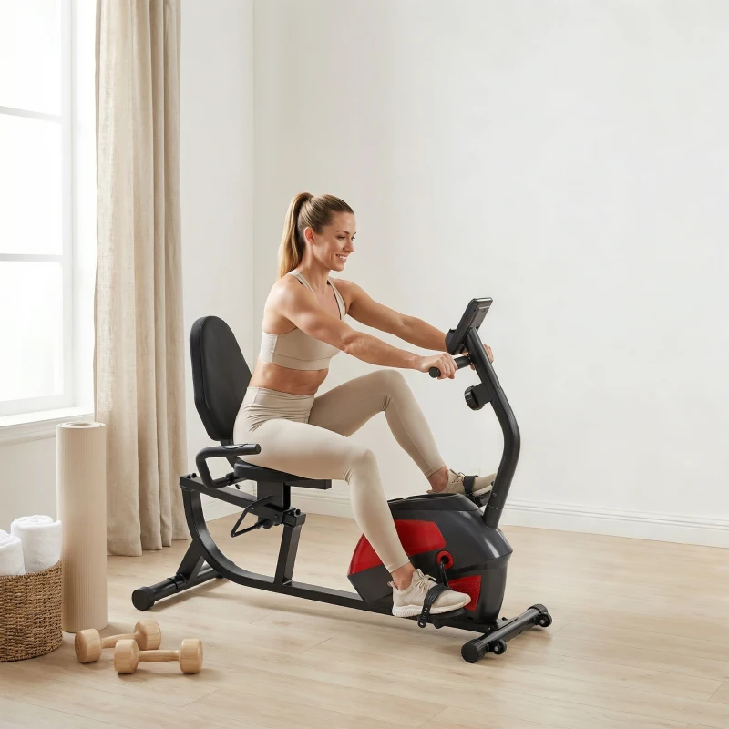 HOMCOM Bicicleta Estática com Encosto 8 Níveis de Resistência Magnética Volante Assento Ajustável Monitor LCD Pulsómetro Suporte de Telemóvel e Rodas Vermelho