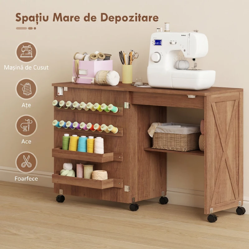 HOMCOM Dulap Pliabil pentru Mașină de Cusut cu 18 Cuie pentru Bobină, Maro