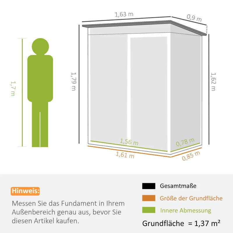 Outsunny Metall Gerätehaus 1,37 m², abschließbar Geräteschuppen mit Lüftung Pultdach Handschuhen, 163 x 90 x 179 cm