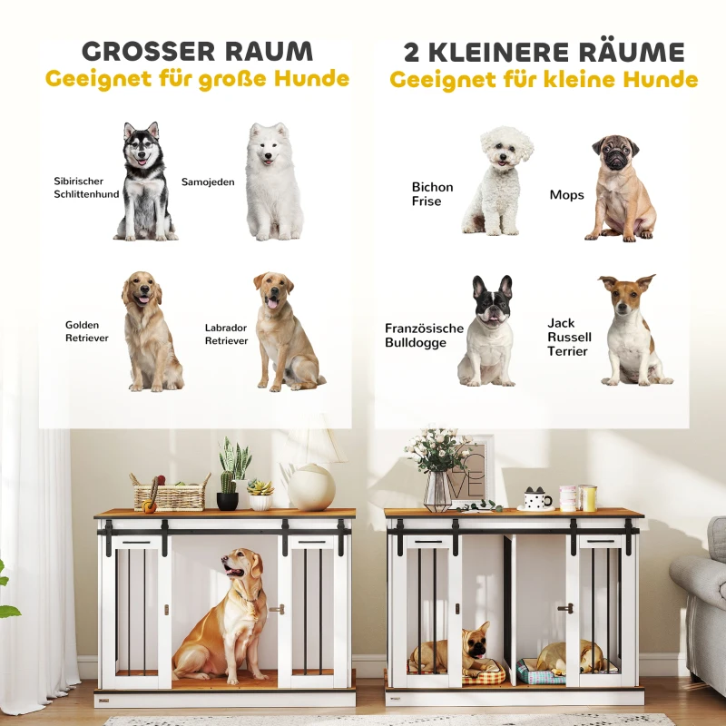 PawHut Hondenbench met 2 Deuren, Hondenbox, Transportbox voor Honden, Rustiek Ontwerp, Vergrendelbaar, Wit(m-8)