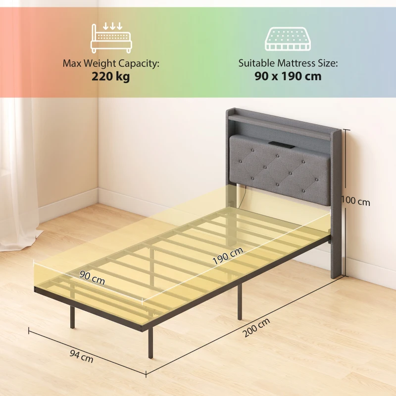 HOMCOM Floating Bed Frame, Upholstered 3ft Single Size Bed, Platform Bed with RGB LED Lights and Charging Station, Grey