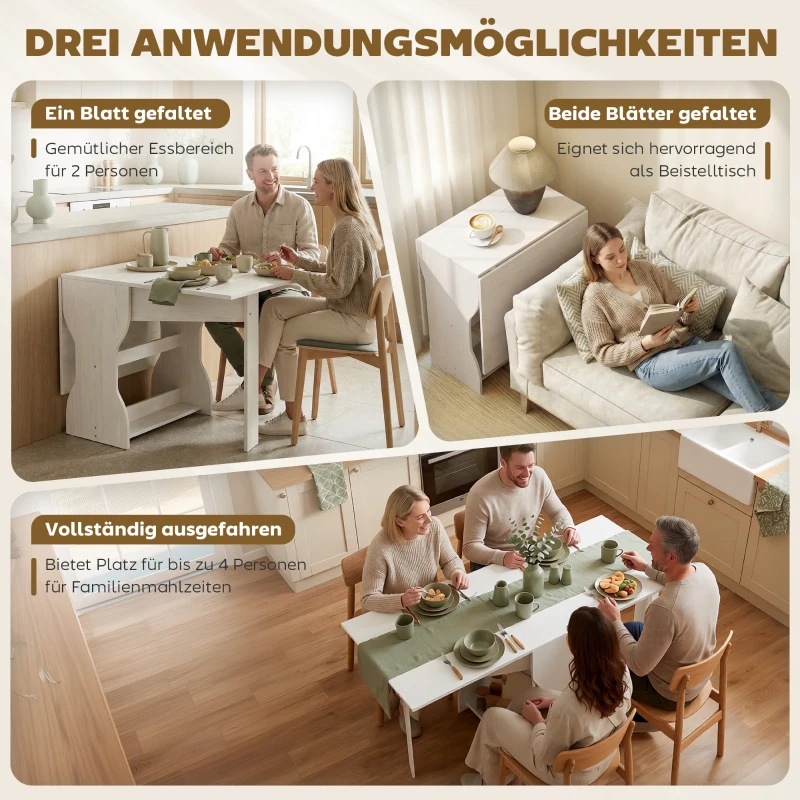 HOMCOM Klapbare Eettafel Keukentafel met Opbergruimte voor 2-4 Personen Klaptafel voor Kleine Ruimtes Eetkamer 160 x 60 x 75 cm Wit