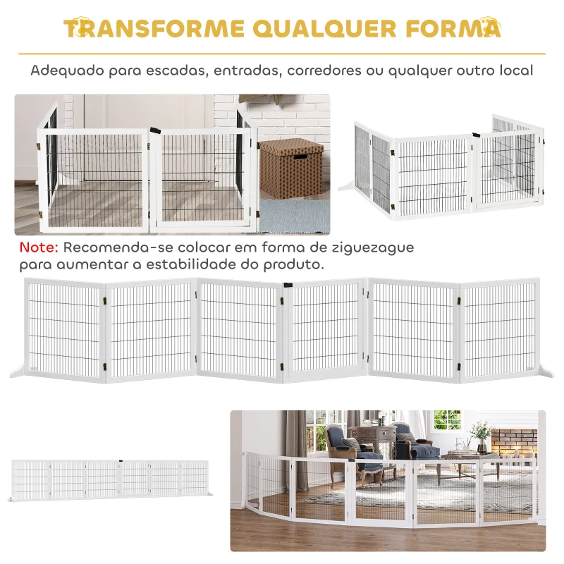 PawHut Barreira de Segurança para Cães de Madeira Dobrável para Cães Pequenos e Médios com 6 Painéis 432x36x70 cm Branco