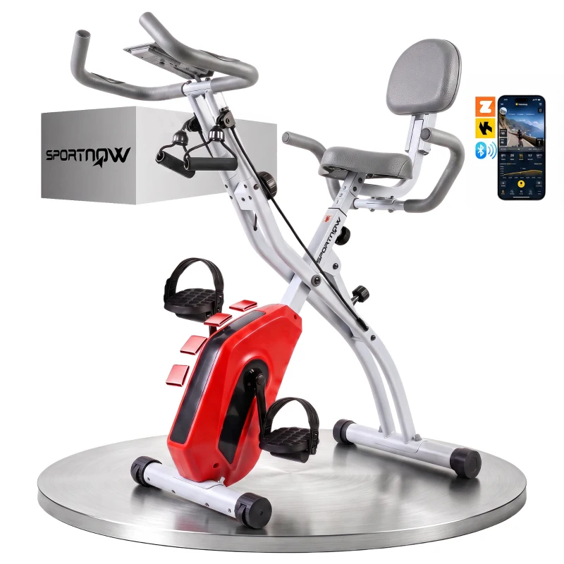 SPORTNOW 4-In-1 Folding Exercise Bike with Resistance Bands, Bluetooth App, 8-Level Magnetic Resistance, LCD Display, Orange