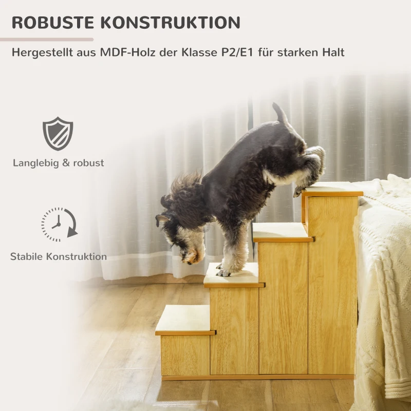 PawHut Huisdierentrap, voor honden/katten, 4-traps, Kortpluche, tot 30 kg, 40 x 59 x 54,2 cm, Natuurlijk