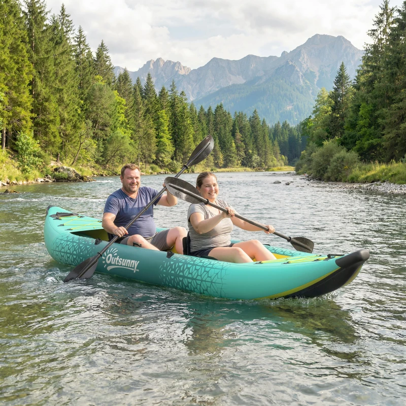 Outsunny 12.5' Inflatable Kayak Set, 2-person Sit on Canoe with Aluminium Oars, Blue and Yellow