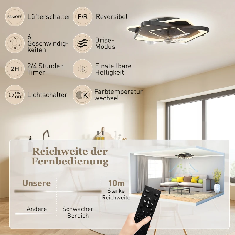 HOMCOM Deckenventilator mit Licht und Fernbedienung, LED-Deckenventilator mit 6 Geschwindigkeiten, 3 Farbtemperaturen