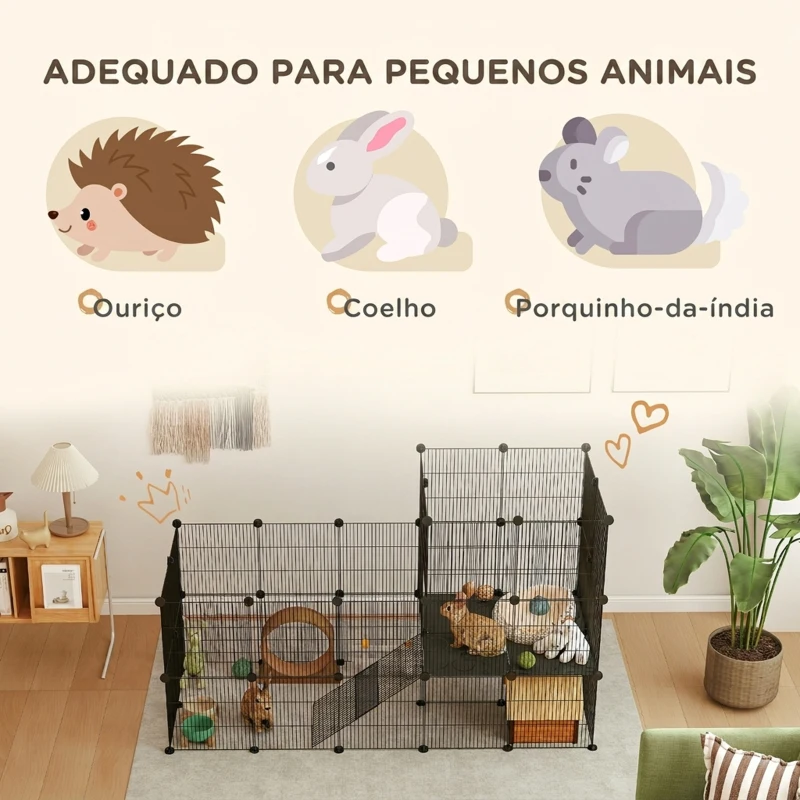 PawHut Cercado Metálico com 39 Painéis para Porquinhos-da-Índia e Ouriços-cacheiros, 2 Níveis, 140x70x105 cm, Preto